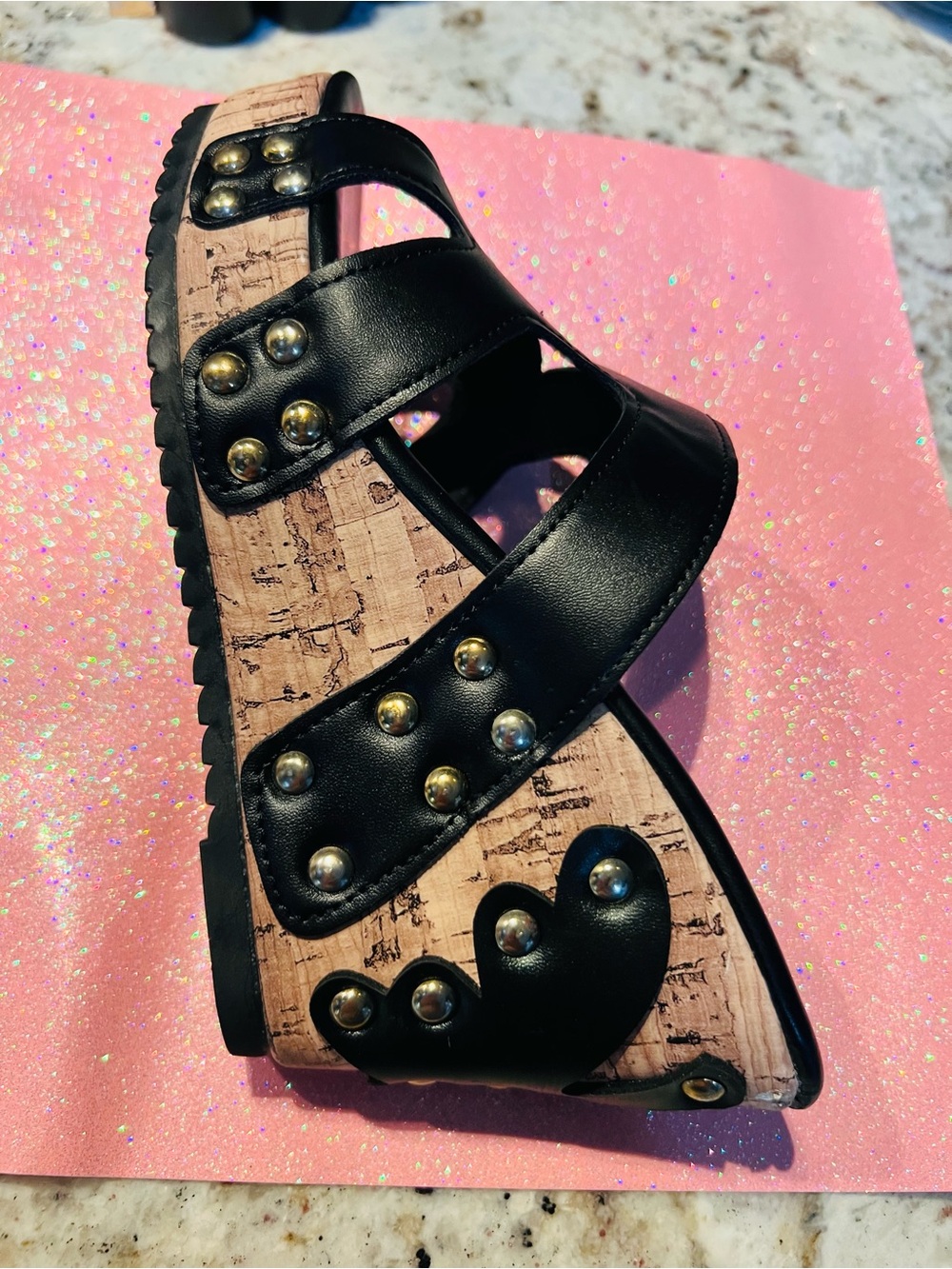 Black Studded Cork-Style Wedge Sandals EUC!!